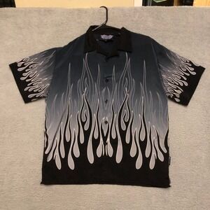 Silver Point Mens XL Flame Print Button Up Shirt Grey Black Y2K Bowling Top